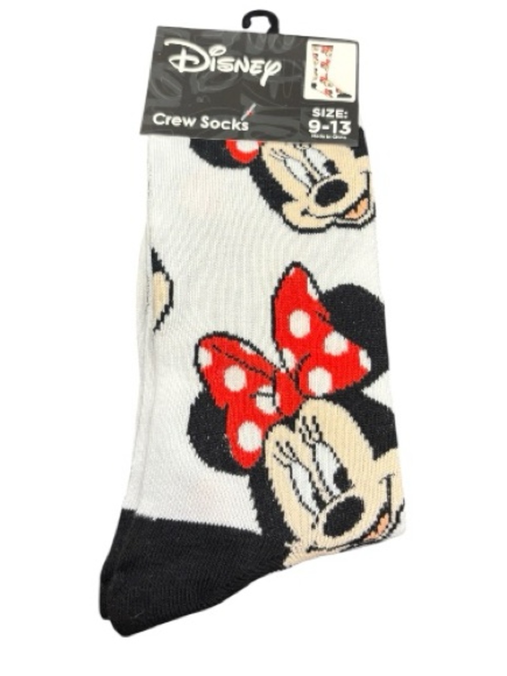 Disney' Minnie Mouse Crew Socks - White/Black with Red Bow (Size 9-13)